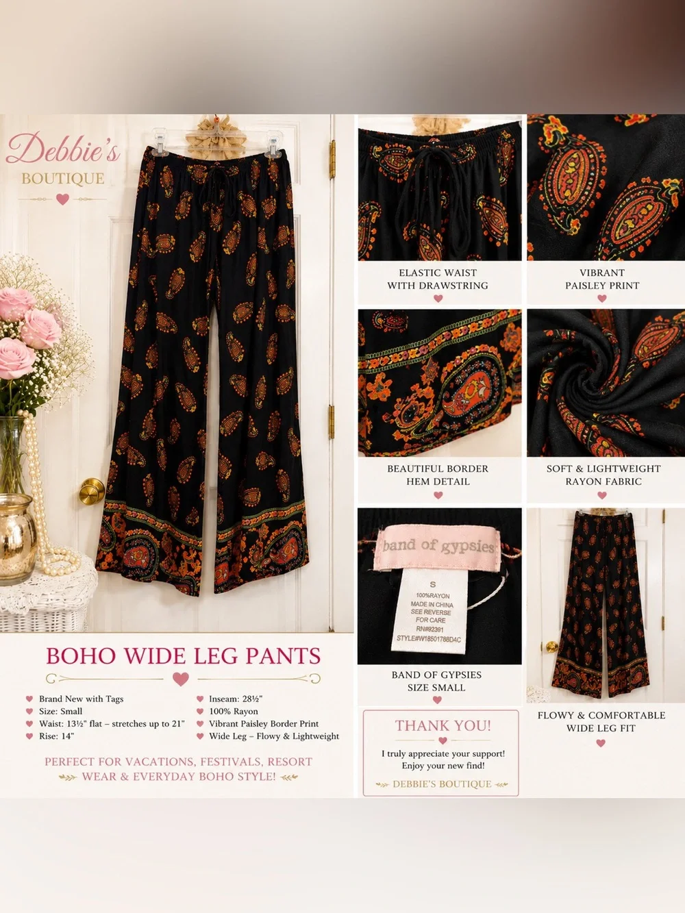 🤍 Brand New with Tags Band of Gypsies Boho Wide Leg Pants